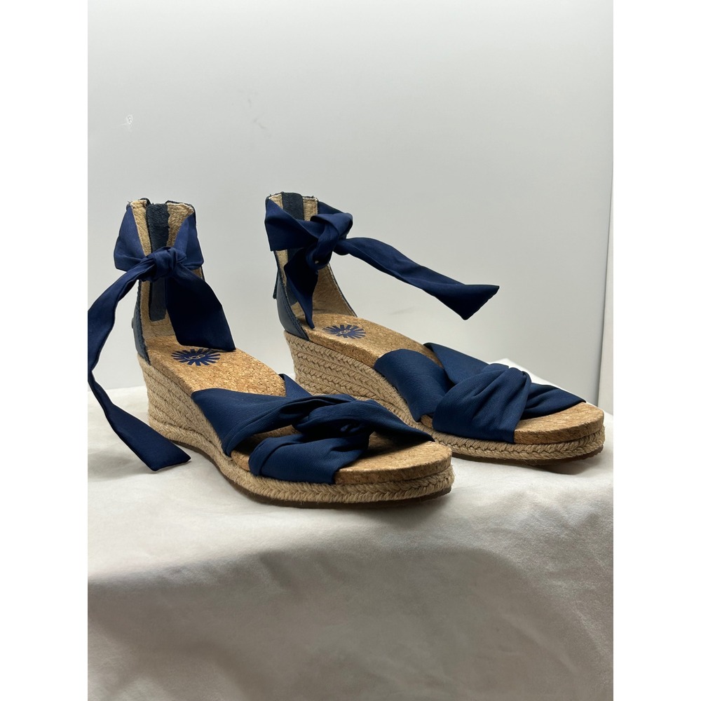 UGG Navy Blue Espadrille Wedge Sandals Ankle Tie Zipper 1011181 Womens 7.5 - Picture 10 of 11